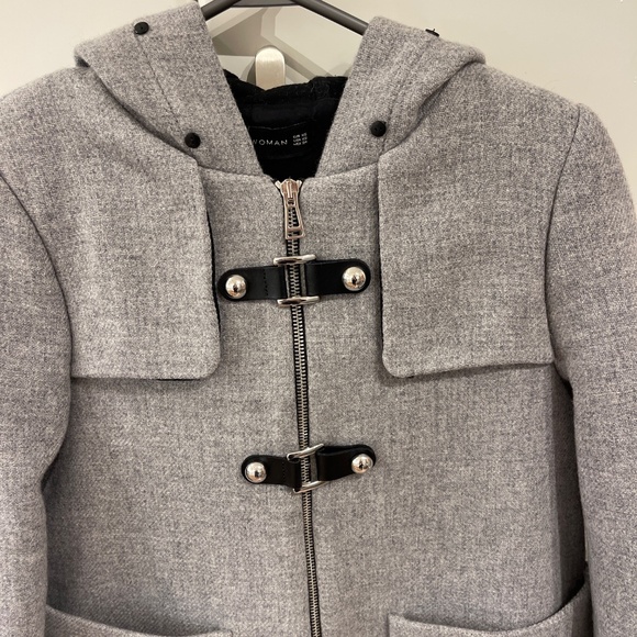 Zara wool blend grey duffle coat with hood XS - Picture 3 of 7